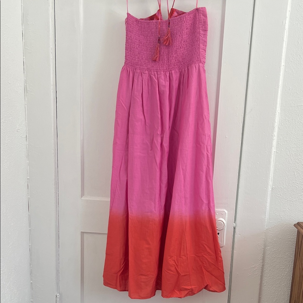 Elegant Maria Cher Corrientes Tori Midi Pink and Orange Ombré Dress - Picture 3 of 8